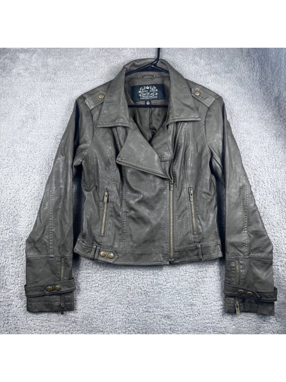 Blanc Noir Womens Faux Leather Moto Jacket In Metallic Gray M With Zipper Accent